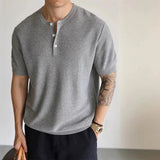 AIDASE  -  Men's Short Sleeve Henry Shirt Textured Knit Muscle Fit T-Shirt Summer Casual Button Up Tops For Men New Arrival Tees M-3XL aidase-shop