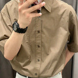 AIDASE  -  Japanese Men's Loose Solid Color Grid Texture Shirt Half Sleeves Ice Feeling Single Breasted Casual Shirt Daily Minimalist aidase-shop