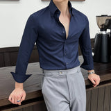 Aidase Men's New Long Sleeve Dark Stripes, Business Casual Lapels Top, Navy Blue Gentleman Banquet Shirt, Non-Ironing Treatment aidase-shop