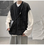 Aidase Spring Autumn Fashion Solid Casual Pullover Tess Vest Men Loose Knitted Top Student Preppy Style Sweater Gentle Retro Patchwork