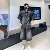 AIDASE  -  Fashion Men's Denim Suit 2025 Summer New Stylish Short Sleeve Lapel Shirt Trend Straight-leg Shorts Loose Men Suit 21E6404 aidase-shop