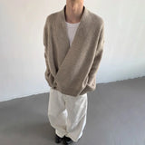 Aidase  American High Street Fashion Solid Color Sweater Jacket Autumn And Winter Irregular Oblique Button V-Neck Cardigan Sweater Men