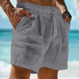Aidase Summer Men Cotton Linen Shorts Solid Color Button Elastic Waist Beach Shorts Lightweight Gym Pants Comfort Breath Holiday Shorts