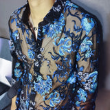 Aidase Chemise Homme Sexy See Through Mesh Shirt Men 4xl Luxury Transparent Shirt Men Embroidery Lace Club Party Long Sleeve Shirts Men