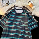 AIDASE  -  Men's Contrasting Striped T-shirt Japanese Retro Male Short Sleeved Summer Loose Casual Round Neck Pullover aidase-shop
