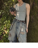 AIDASE  -  Summer New Men Tide Round Collar Vest Slim Sleeveless T-shirts Korean 100% Cotton Camisole Streetwear Chic Waistcoat HK5155 aidase-shop