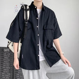 AIDASE  -  Working Pocket Solid Color Pure Cotton Short-sleeved Shirt Fashionable Summer Lapel Button Functional Half-sleeved Cardigan aidase-shop