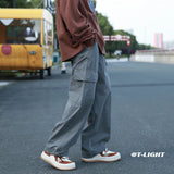 AIDASE  -  Vintage Cargo Pants Men Fashion Streetwear Pockets Wide Leg Straight Y2k Casual Trousers Baggy Drawstring Overalls Black/Gray aidase-shop