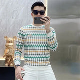 Aidase  Men Clothing Trendy Plaid Print Business Casual Slim Sweatshirts Male Korean Round Neck Long Sleeve Slim Pullover Tops Sudadera