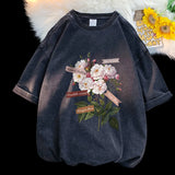 Aidase Vintage Flowers Graphic Print T-shirt Gothic Men Tshirts Washed Short Sleeved Man Tops Round Neck General Tee aidase-shop