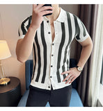 Aidase Slim Fit Men's Lapel Short Sleeve Shirt, Youth Stripes Cardigan, Stretchable, Breathable M-4XL Men's Striped Cardigan aidase-shop