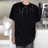 AIDASE  -  Men's T-shirts Shoulder Padded O-neck Sequins Rivets Tassel Decoration Short Sleeve Solid Color Loose Male Tees New 9W2553