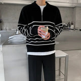 AIDASE  -  Autumn Turn-down Collar Long-sleeved Sweater for Men, Korean Style Loose Retro Casual Half-zip Striped Knitted Shirt Top M-2XL aidase-shop
