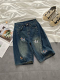 AIDASE  -  American Retro Embroidered Wide Leg Jeans orts Men Summer Loose Straight Cut Five mid Pants Casual Comfortable aidase-shop