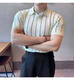 AIDASE  -  Summer Thin Striped Ice Silk Short Sleeved T-shirt Cool Turn-down Collar American Male Tops aidase-shop