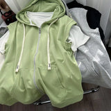 Aidase 2024 Summer Men's Leisure Sports Hooded Vest Large Size Korean Version Loose Sleeveless Zipper Cardiga Waistcoat All-match Coats