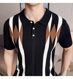 AIDASE  -  Contemporary Men's Polo: White Shirt with Earth-Tone Geometric Lines | Office-to-Outing Versatility M-4XL aidase-shop