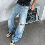 AIDASE  -  New Fashion American Vintage Men Light Blue Solid Color Hole Loose Fit Wide Leg Straight Simple Basic Denim Trousers Male Jeans