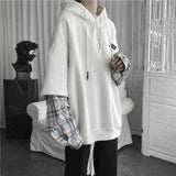 32.85 Aidase Fake Two Piece Plaid Patchwork Black White Oversize Harajuku Korean Fashion Casual Hoodie Long Sleeve Autumn Men Sweatshirt aidase-shop