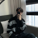 Knitted Light Luxury Pullovers Sweater Men Casual Striped Vintage Loose O Neck Solid Color Long Sleeve Coat Streetwear aidase-shop