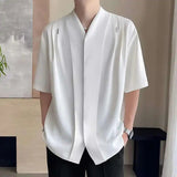 AIDASE  -  Summer New Ice Silk Drape Mid Sleeved Men's Shirt V-neck Korea Fashion Casual Male Tops Loose aidase-shop