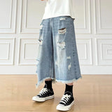 AIDASE  -  American Style Washed Ripped Male Denim Shorts Casual Loose Wide Leg Tassel Pants High Street Fashion Men's Clothes 21E6544 aidase-shop