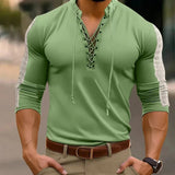 AIDASE  -  Spring Autumn Men T-Shirts Mesh Patchwork Long Sleeve Top Tees Solid Lace Up V-Neck Casual Bottom Blouse Men Tees Tops aidase-shop