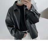 AIDASE  -  Black PU Leather Oversized Coats Collar Zip-Up Men's Jacket Korean Style Faux Leather Casual Bomber Biker Jacket aidase-shop