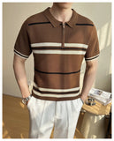 AIDASE  -  Summer Striped Knitted Shirt for Men, Business Casual Short Sleeve POLO, Half-Zip Breathable T-Shirt.Stretchable aidase-shop