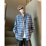 Aidase Men Shirt Plaid Tie-dye Long Sleeve Mens Casual Loose Shirt Autumn High Quality Oversized Male Checked Shirt Red/Blue/Gray