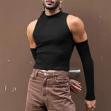 Aidase Sexy Off Shoulder T shirts For Men High Neck Long Sleeve Tight Turtleneck Tops Summer Casual Slim Hollow Out Crop Tee Streetwear