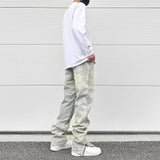 Aidase Streetwear Vibe Distressed Washed Trousers Jeans Yellow Mud Dyed Zipper Split Slim Straight Jeans Men Retro Jeans Vintage Y2k
