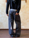 AIDASE  -  American Retro Patchwork Double Waist Head Jeans Men Women Cleanfit High Street Waed Wide Leg Couple Casual Trousers Trendy aidase-shop