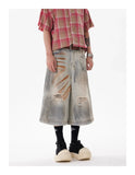 AIDASE  -  Retro Mud Dyed Rust Used in Old Street Hip-hop Wide-leg 7-point Ripped Denim Shorts aidase-shop
