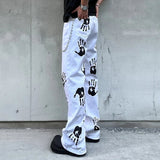 AIDASE  -  Men Palm Print Jeans White Denim Boot Cut Pants Fashion Flared Trousers with Chain aidase-shop
