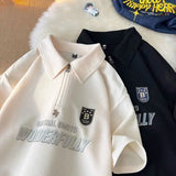 Aidase American Retro Waffle Polo Shirt for Men and Women with Personalized Letter Print Short Sleeved Trendy Loose Casual T-shirt