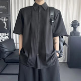 AIDASE  -  Shoulder Padded Men's Shirt Short-sleeved Niche Pleated Design Lapel Single-breasted Solid Color Tops Summer New aidase-shop