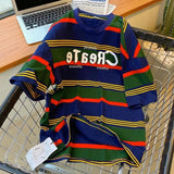 AIDASE  -  Design Sense Niche Chic Striped Contrasting Short-sleeved T-shirts Men Women Summer Retro American Fashion Vintage Shoulder Tops aidase-shop