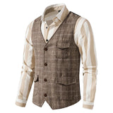 AIDASE  -  Spring New Casual Mens Woolen Waistcoats Vintage Plaid Textured Button Vest Jackets Men Fashion V Neck Sleeveless Jacket aidase-shop