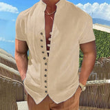 Aidase New 100% Cotton Linen Vintage Shirts Mens Short Sleeve Stand Collar  Casual Male Blouse Summer Retro Shirt Top Men Clothing