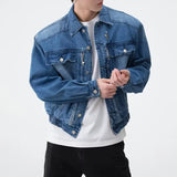 AIDASE  -  Man Clothing American Vintage Blue Denim Jacket Loose Outwear Men Wide Shoulder Short Jeans Coats Casual Pockets High Streetwear aidase-shop