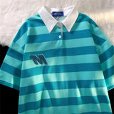 AIDASE  -  Vintage Hong Kong Style Striped Shirt Preppy Polo Collar Short Sleeved T-shirt Men Women Japan Letter Flocking Casual Lapel Top aidase-shop