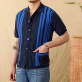 AIDASE  -  Versatile Men Shirt Striped Spliced Decoration Breathable Short Sleeved Knitted Cardigan Design Casual Clothing aidase-shop