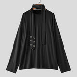 AIDASE  -  Men T Shirt Solid Color O-neck Long Sleeve Casual Male Tee Tops With Belt Streetwear Loose Fashion Men Clothing aidase-shop