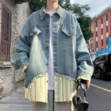 AIDASE  -  Spring American Striped Men's Shirt Denim Jacket Patchwork Fake Two-piece Design Loose Casual Contrast Color Tops aidase-shop
