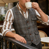 AIDASE  -  Stylish Plaid Woolen Mens Vest Jacket Vintage V Neck Button-up Sleeveless Waistcoats Spring Autumn Men Casual Outerwear aidase-shop
