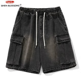 Aidase Korean Fashion Men's Wide Leg Denim Shorts Summer New Fashion Loose Casual Elastic Waist Large Pocket Cargo Men's Jeans Shorts