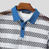 AIDASE  -  Men Shirt Striped Patchwork See Through Lapel Half Sleeve Hollow Out Male Shirts Streetwear Tops Fashion Men Clothing aidase-shop