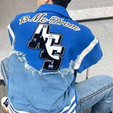 AIDASE  -  American Patchwork Lapel Baseball Coats Men's Green Blue Single Breasted Denim Jacket Campus Couples Retro Loose Street Outwear aidase-shop