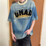 AIDASE  -  Summer New Men Denim T-shirt Embroidered Patchwork Contrast Color Design Short Sleeve T-Shirt Trendy Male Tops